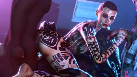 Чтобы выжить, татуированная красавица со вселенной Mass Effect насаживается киской и другими дырками на члены монстров!